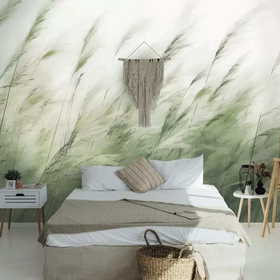 wall murals Light grasses in the wind, soft green-and-white strokes w04957