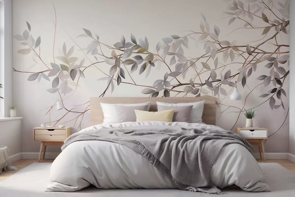 wall murals Delicate textured branches with muted grey, purple and green leaves against a soft, blurred background w09336