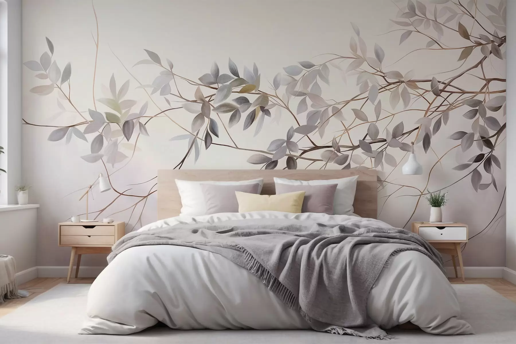 wall murals Delicate textured branches with muted grey, purple and green leaves against a soft, blurred background w09336