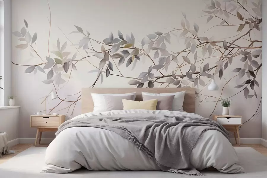 wall murals Delicate textured branches with muted grey, purple and green leaves against a soft, blurred background w09336