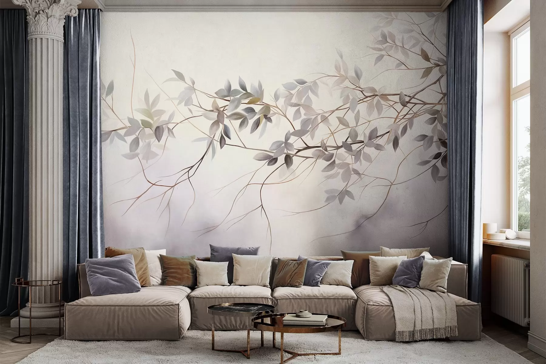 wall murals Delicate textured branches with muted grey, purple and green leaves against a soft, blurred background w09336