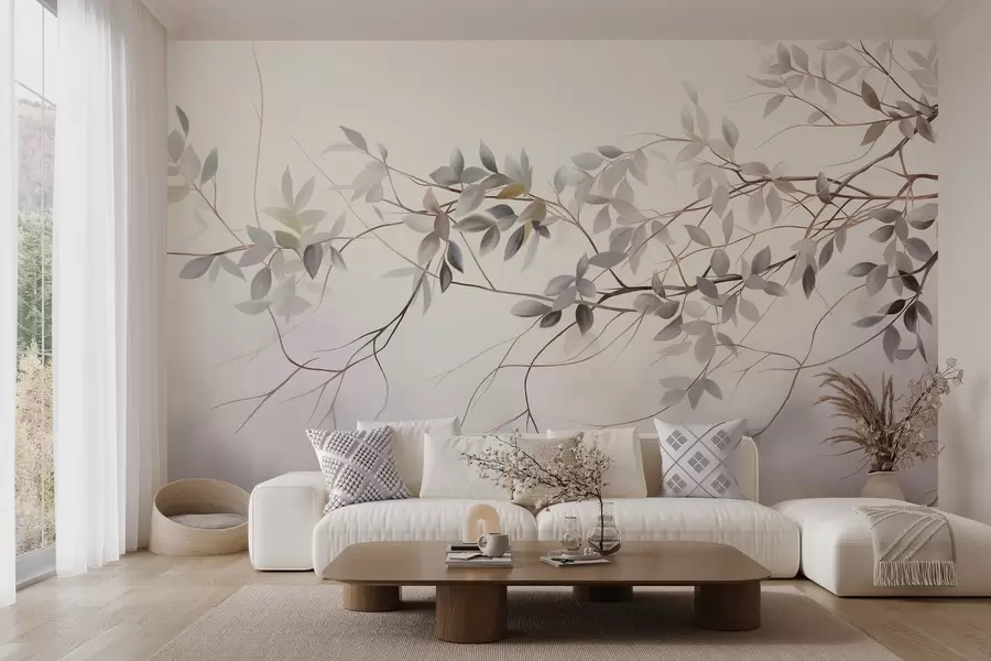 wall murals Delicate textured branches with muted grey, purple and green leaves against a soft, blurred background w09336