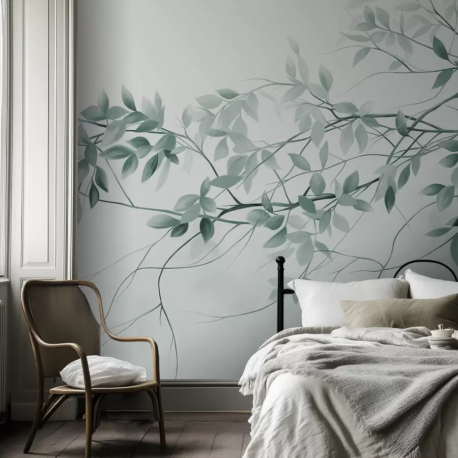 wall murals Delicate textured branches with muted grey and green leaves against a soft, blurred background w09336v1