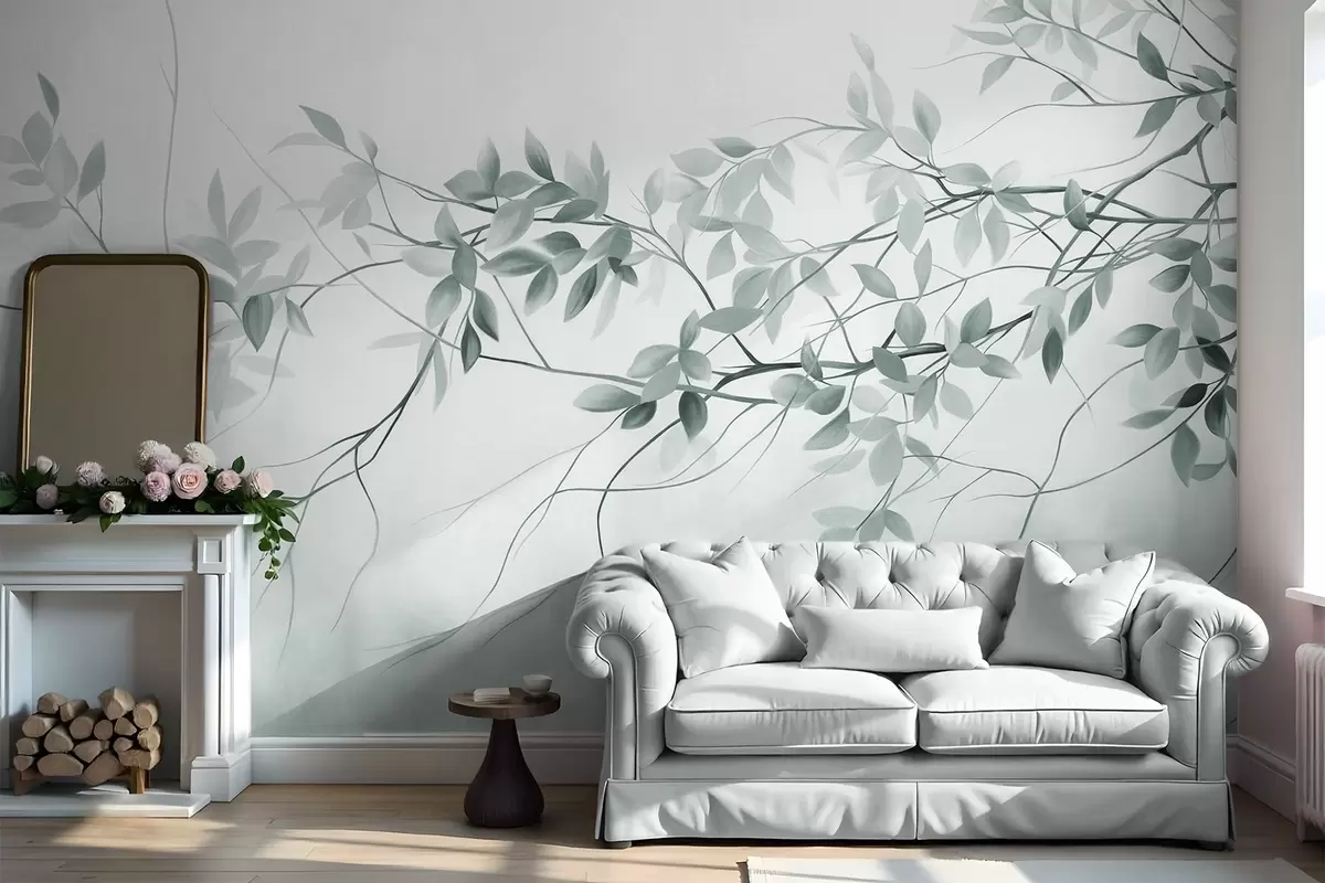 wall murals Delicate textured branches with muted grey and green leaves against a soft, blurred background w09336v1