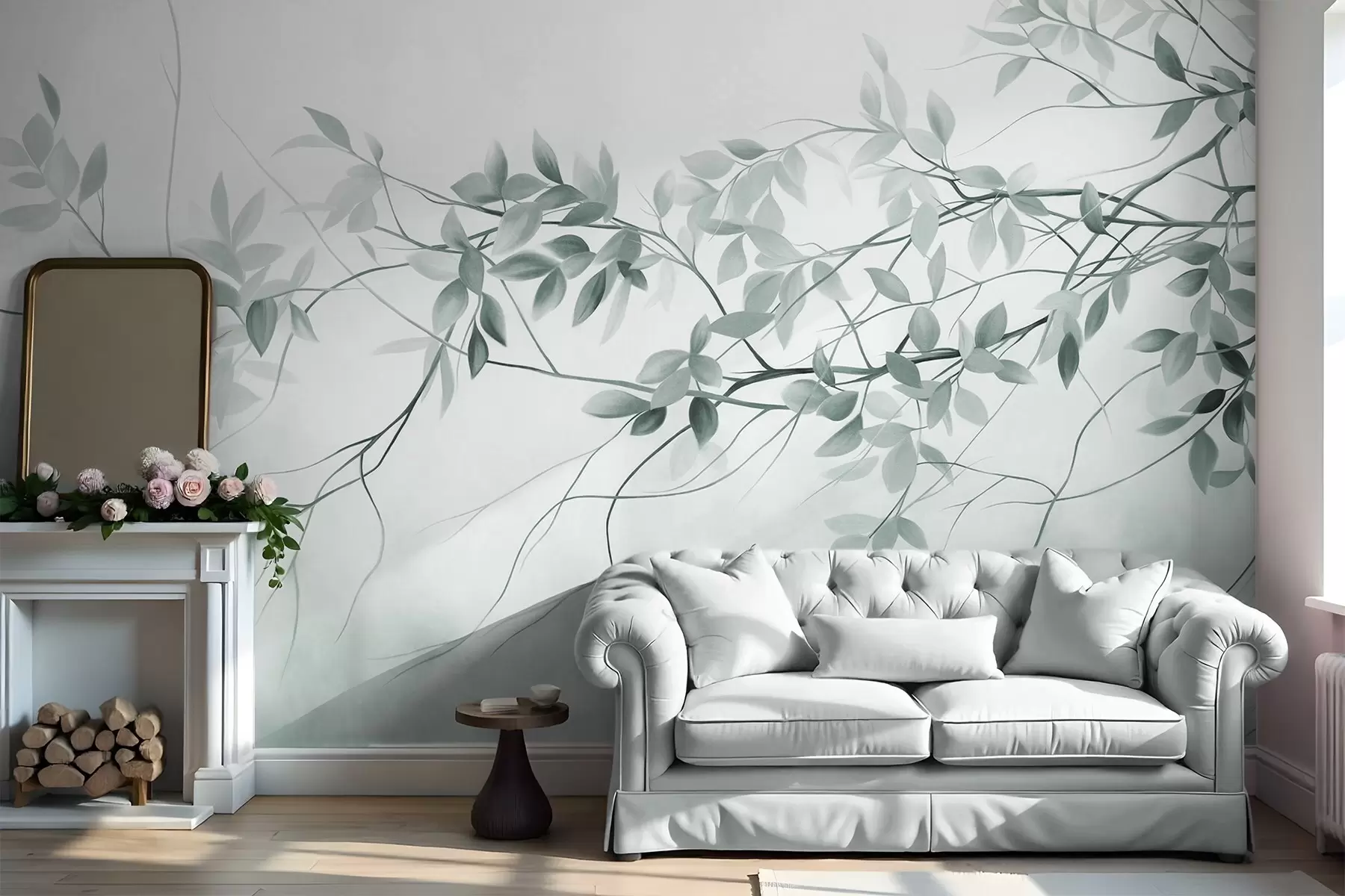 wall murals Delicate textured branches with muted grey and green leaves against a soft, blurred background w09336v1