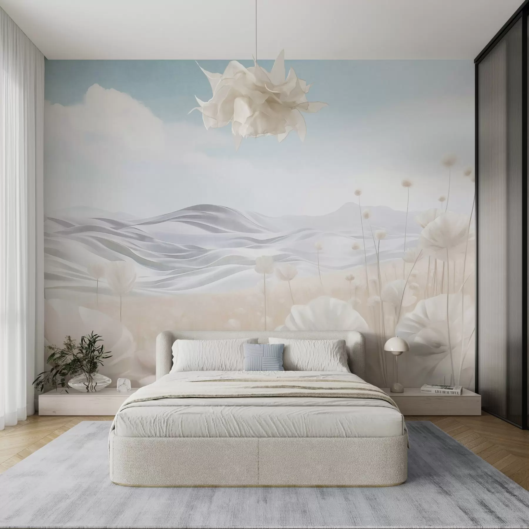 wall murals Textured field of creamy poppies with rolling hills under a pale blue sky with soft clouds, pastel colors w09553