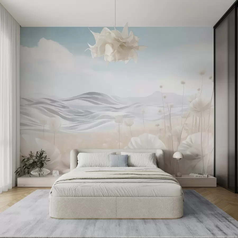 wall murals Textured field of creamy poppies with rolling hills under a pale blue sky with soft clouds, pastel colors w09553