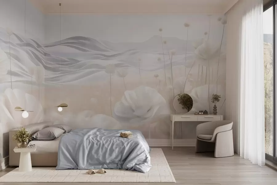 wall murals Textured field of creamy poppies with rolling hills under a pale blue sky with soft clouds, pastel colors w09553