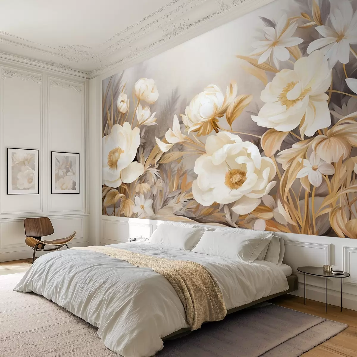 wall murals White and yellow peonies and other flowers with tall grass and leaves in a soft, painterly textured style w09494