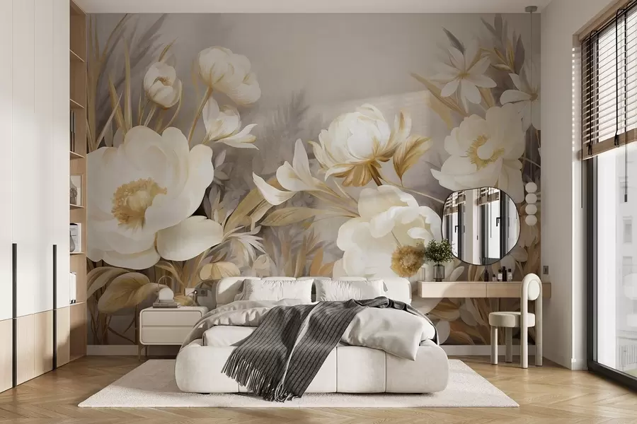 wall murals White and yellow peonies and other flowers with tall grass and leaves in a soft, painterly textured style w09494