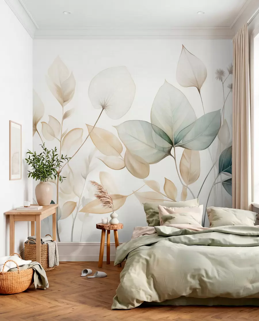 wall murals Textured translucent leaves in muted tones of beige and teal, with delicate stems against a soft, light background w09583
