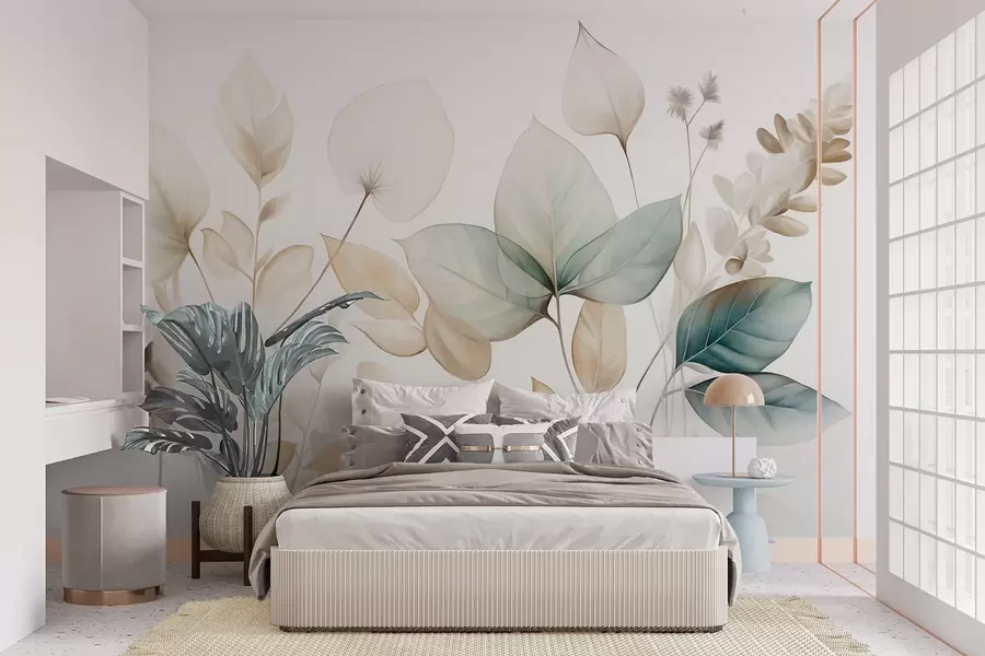 wall murals Textured translucent leaves in muted tones of beige and teal, with delicate stems against a soft, light background w09583