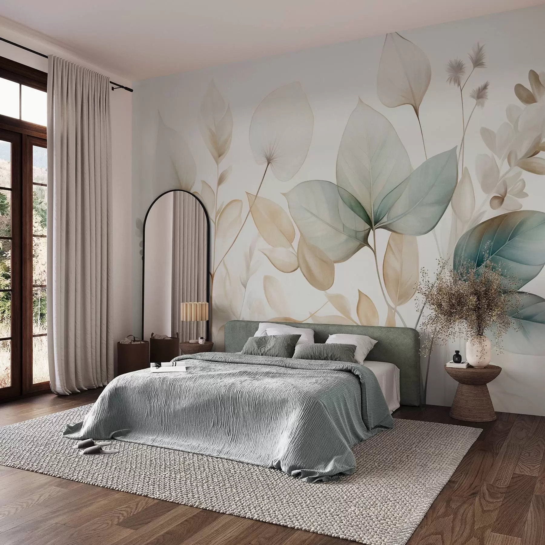 wall murals Textured translucent leaves in muted tones of beige and teal, with delicate stems against a soft, light background w09583
