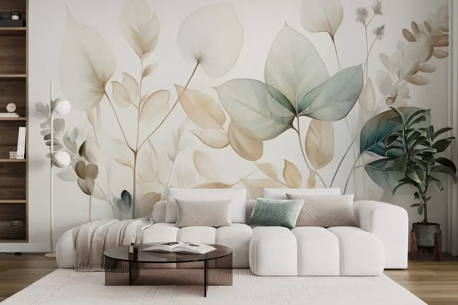 wall murals Textured translucent leaves in muted tones of beige and teal, with delicate stems against a soft, light background w09583