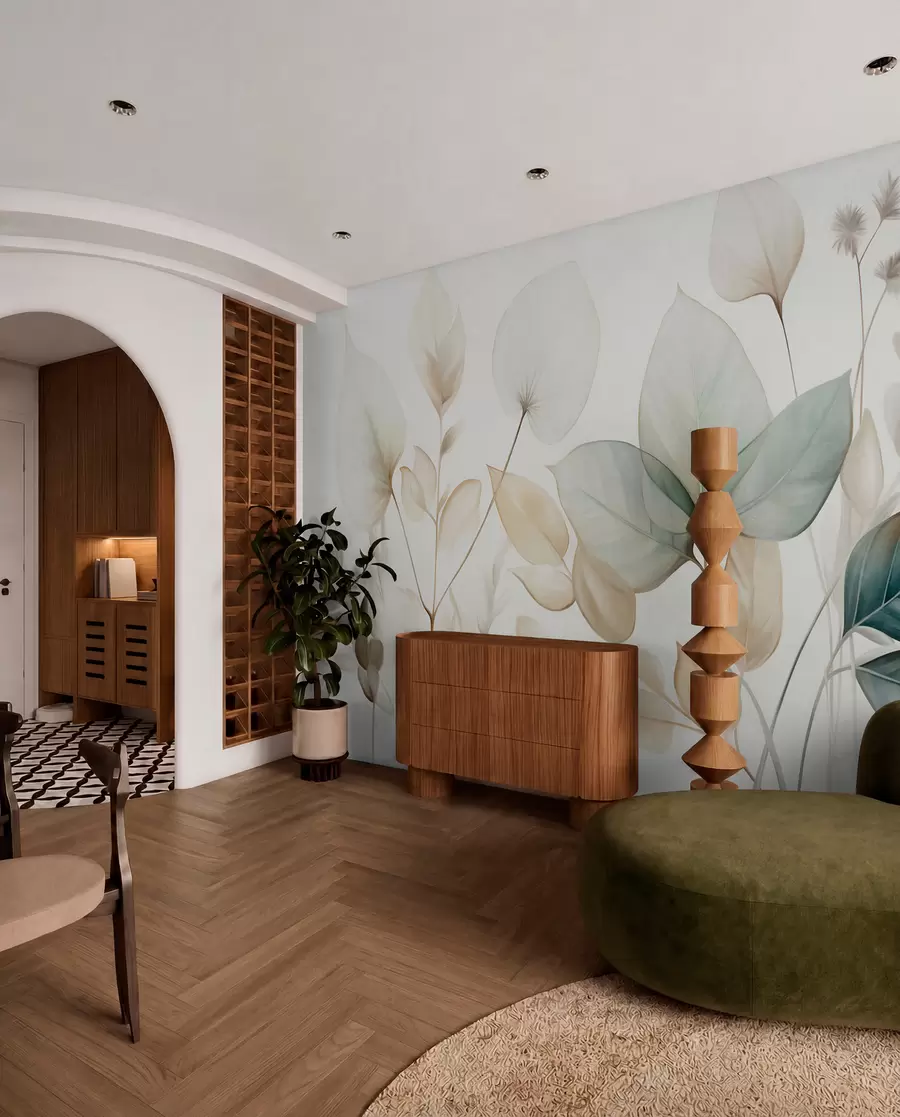 wall murals Textured translucent leaves in muted tones of beige and teal, with delicate stems against a soft, light background w09583