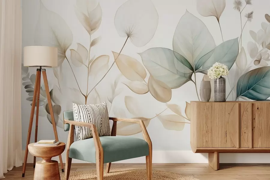 wall murals Textured translucent leaves in muted tones of beige and teal, with delicate stems against a soft, light background w09583