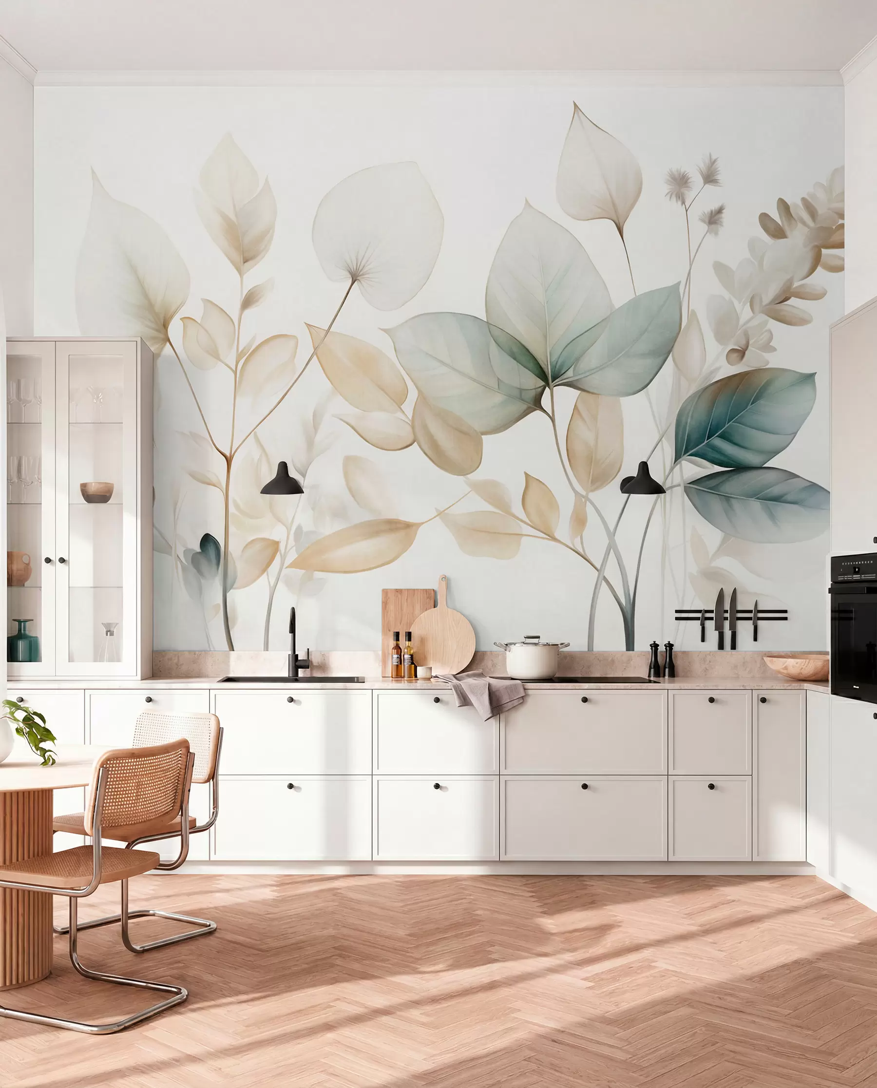wall murals Teal and Cream Leaf Sprigs w09583