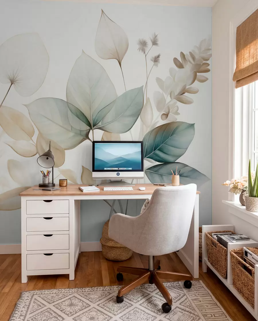wall murals Textured translucent leaves in muted tones of beige and teal, with delicate stems against a soft, light background w09583