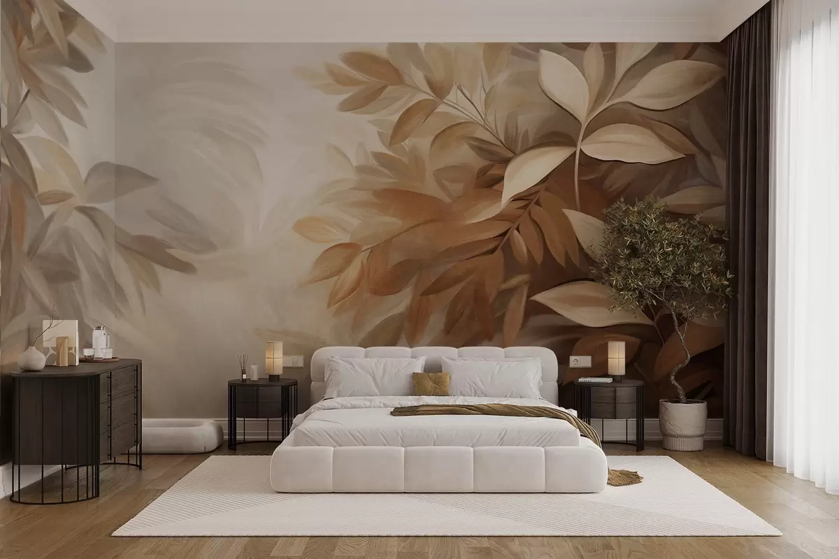 wall murals Brown and beige leaves with soft, blurred textured foliage, in a painterly style with visible brushstrokes w09584