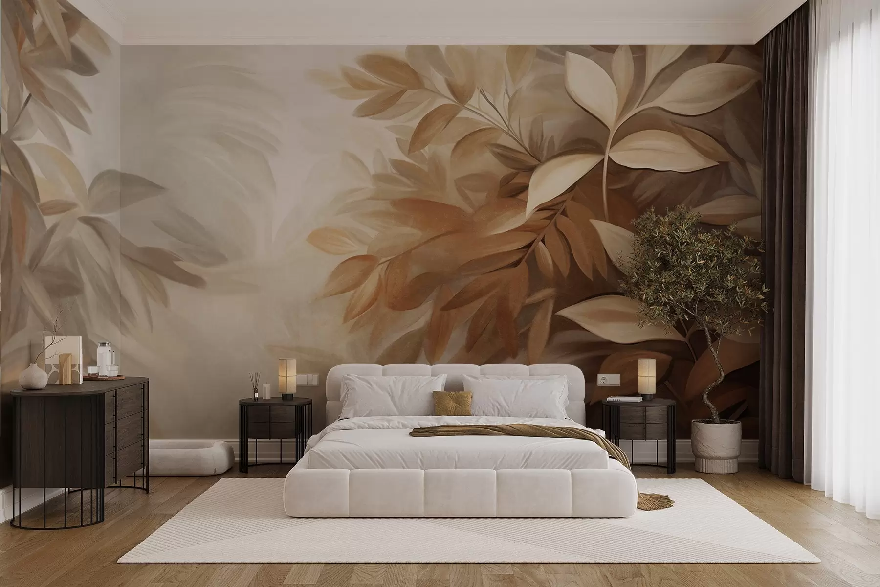wall murals Brown and beige leaves with soft, blurred textured foliage, in a painterly style with visible brushstrokes w09584