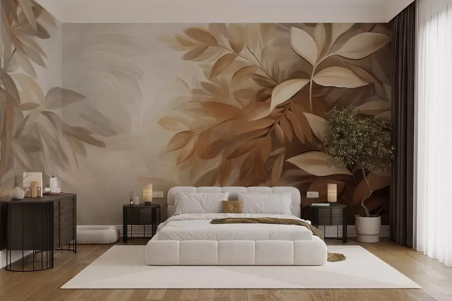wall murals Brown and beige leaves with soft, blurred textured foliage, in a painterly style with visible brushstrokes w09584