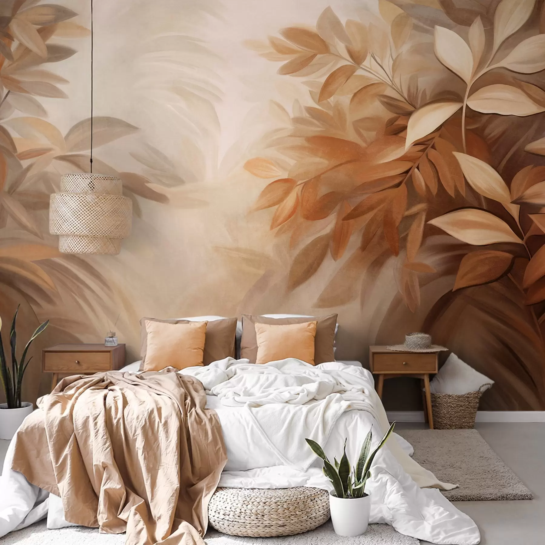 wall murals Brown and beige leaves with soft, blurred textured foliage, in a painterly style with visible brushstrokes w09584