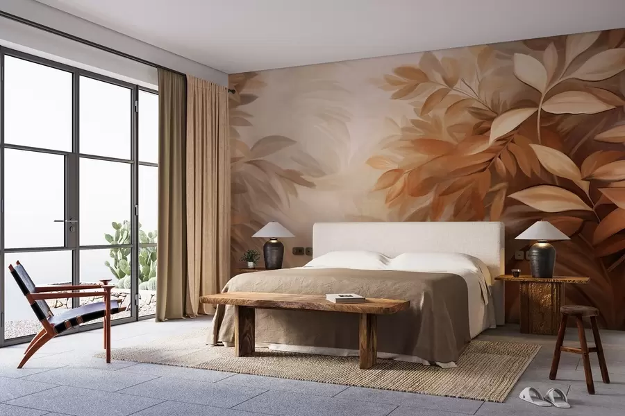 wall murals Brown and beige leaves with soft, blurred textured foliage, in a painterly style with visible brushstrokes w09584