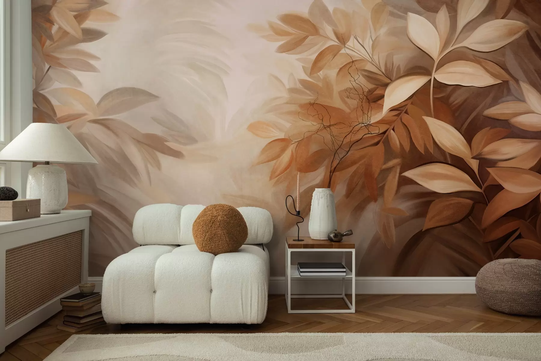 wall murals Brown and beige leaves with soft, blurred textured foliage, in a painterly style with visible brushstrokes w09584