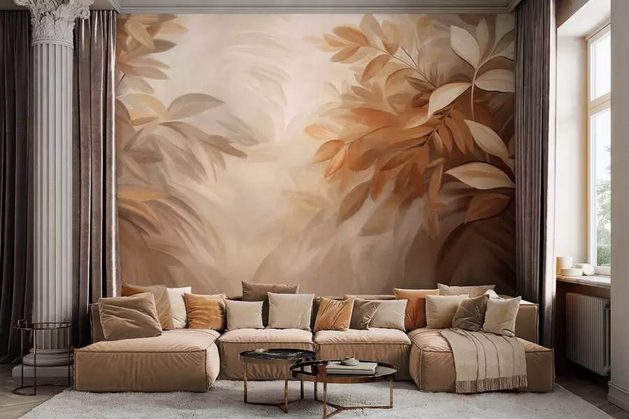 wall murals Brown and beige leaves with soft, blurred textured foliage, in a painterly style with visible brushstrokes w09584