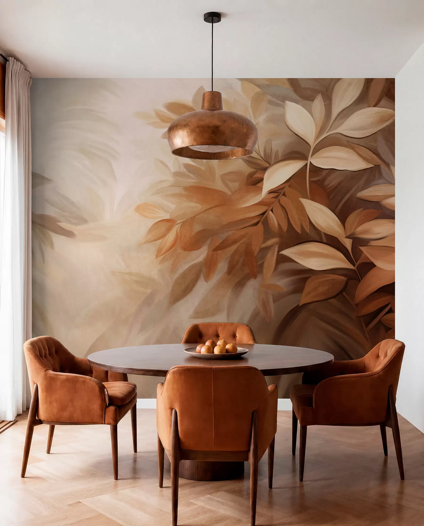 wall murals Brown and beige leaves with soft, blurred textured foliage, in a painterly style with visible brushstrokes w09584