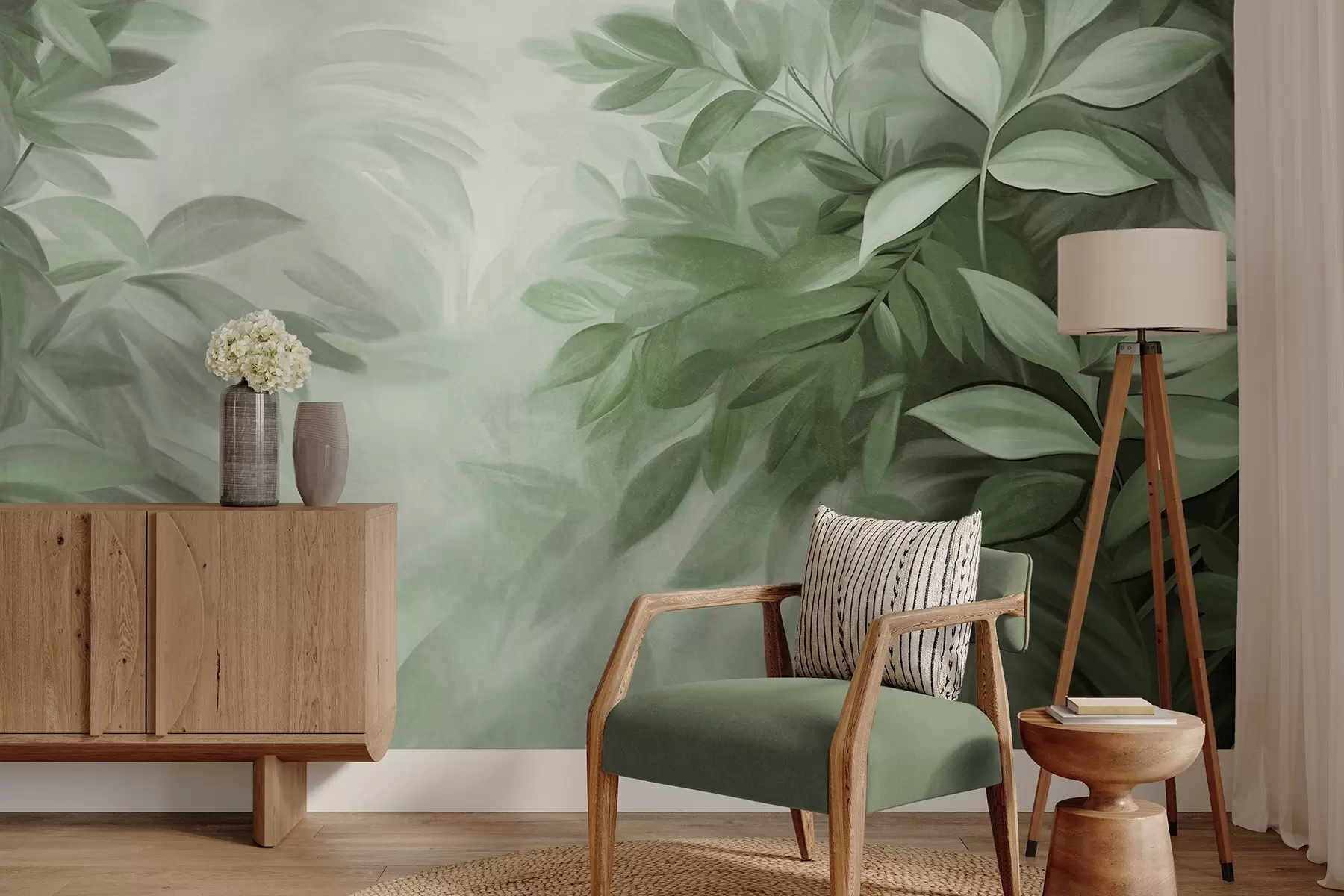 wall murals Green and gray leaves with soft, blurred textured foliage, in a painterly style with visible brushstrokes w09584v1