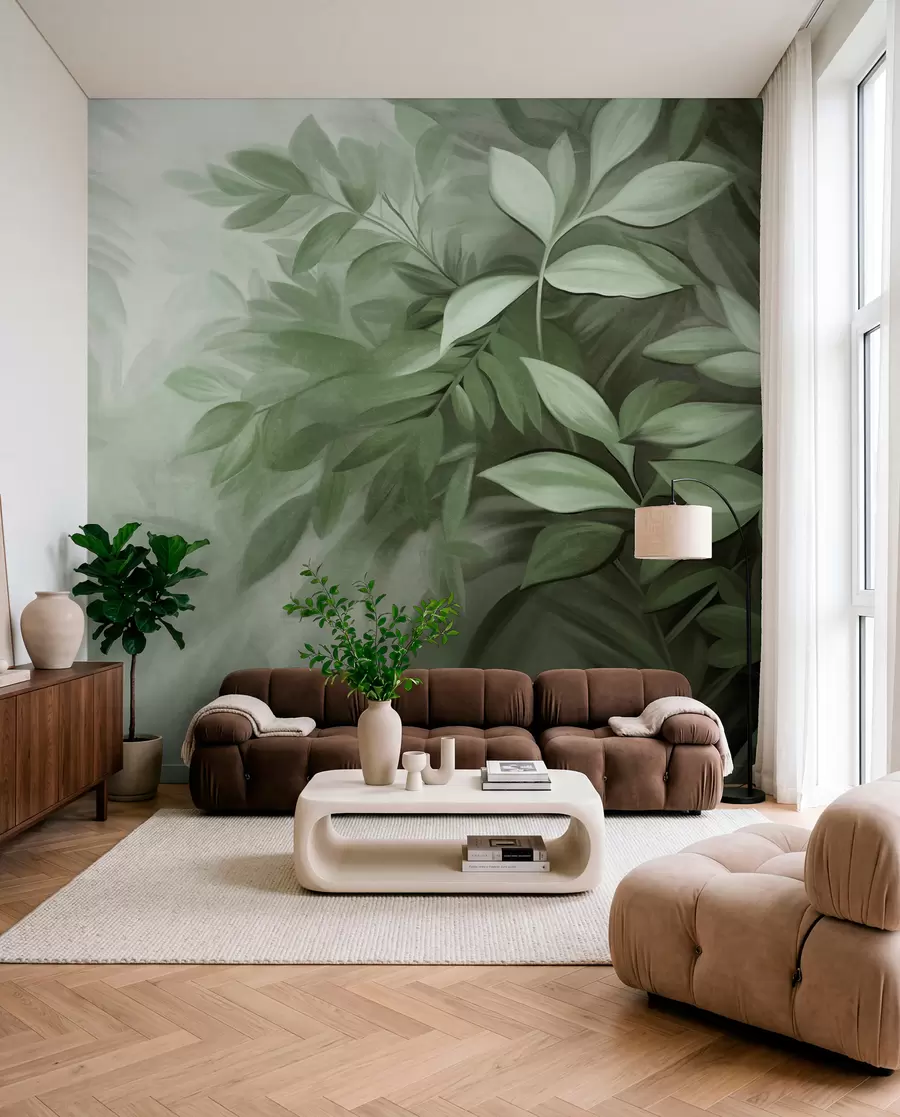 wall murals Green and gray leaves with soft, blurred textured foliage, in a painterly style with visible brushstrokes w09584v1