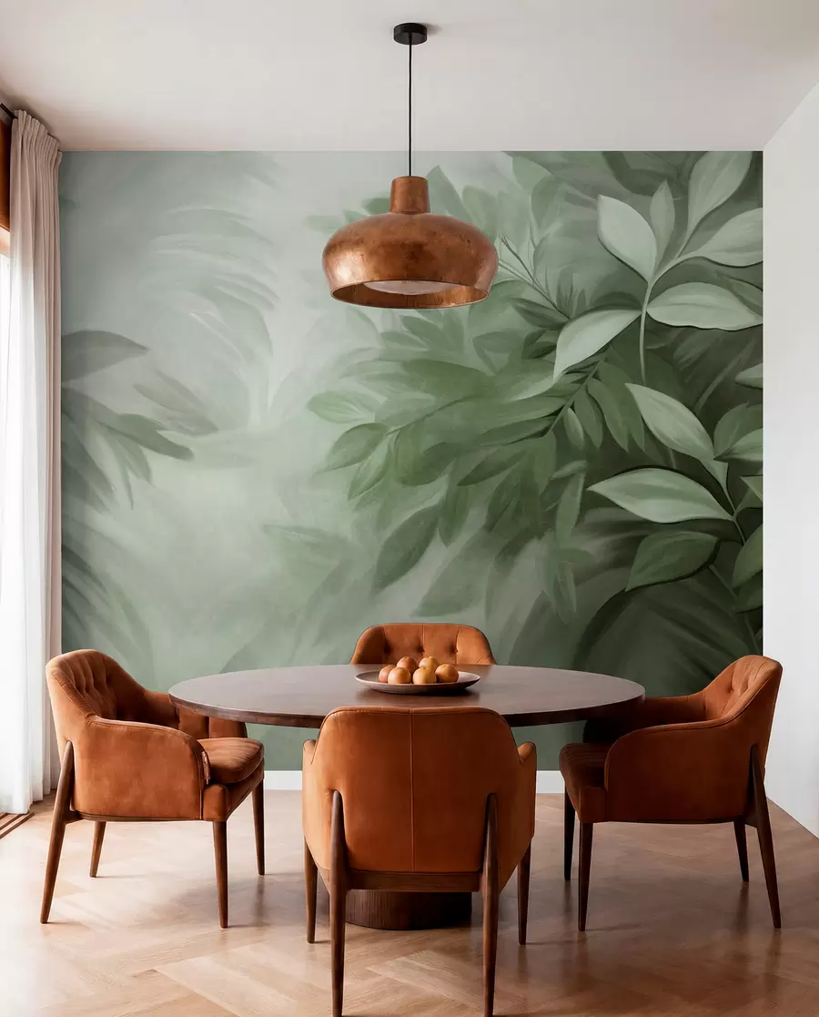 wall murals Green and gray leaves with soft, blurred textured foliage, in a painterly style with visible brushstrokes w09584v1