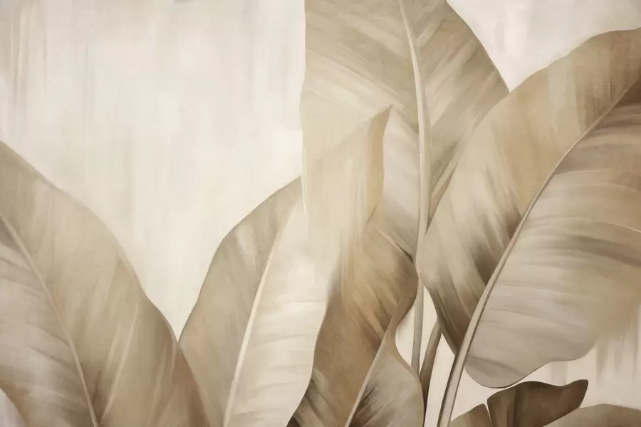 wall murals Textured large, light brown banana leaves against a light beige background, with soft and minimalist aesthetic w09586