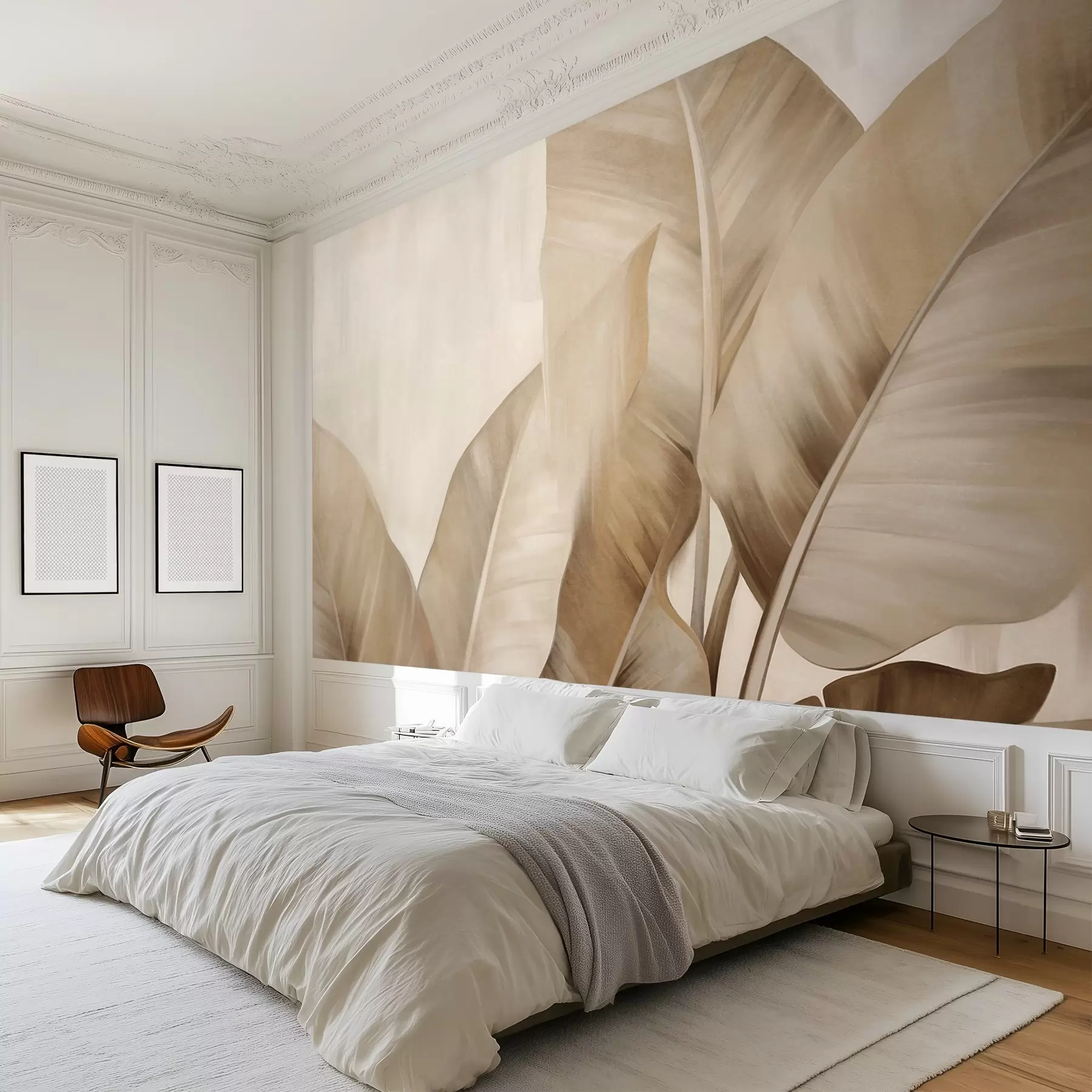 wall murals Textured large, light brown banana leaves against a light beige background, with soft and minimalist aesthetic w09586