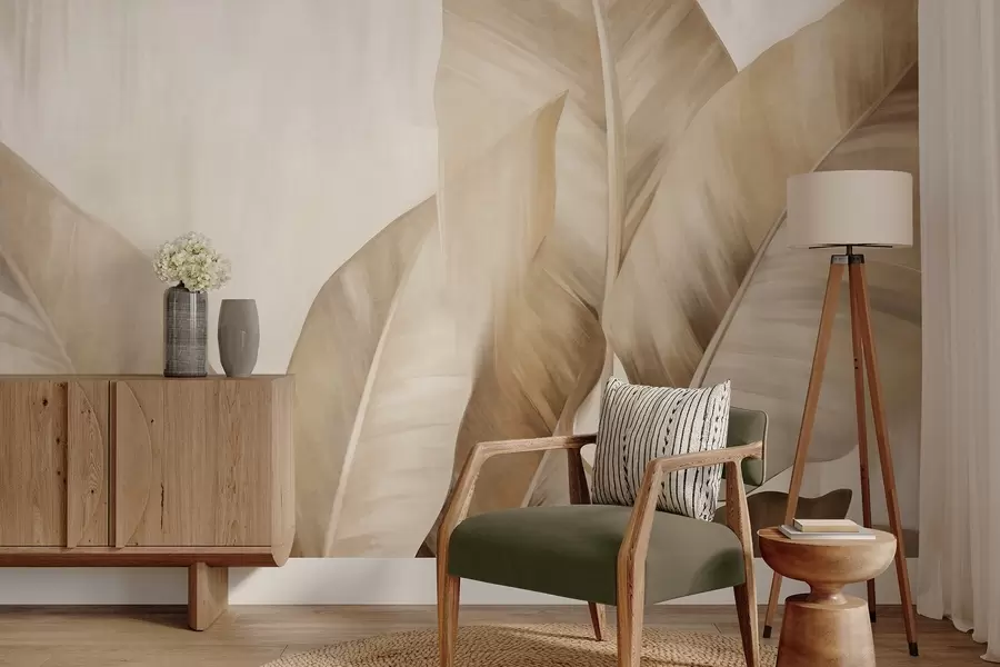 wall murals Textured large, light brown banana leaves against a light beige background, with soft and minimalist aesthetic w09586