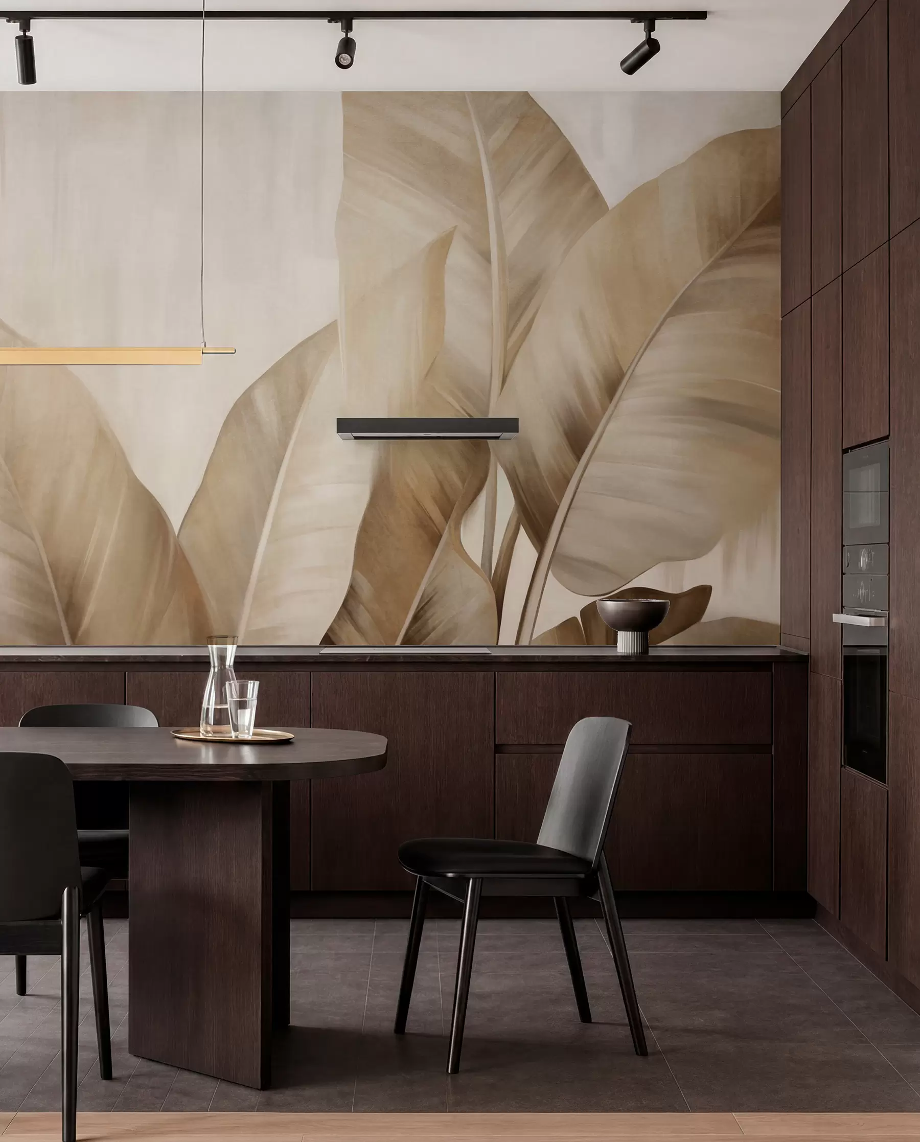 wall murals Textured large, light brown banana leaves against a light beige background, with soft and minimalist aesthetic w09586