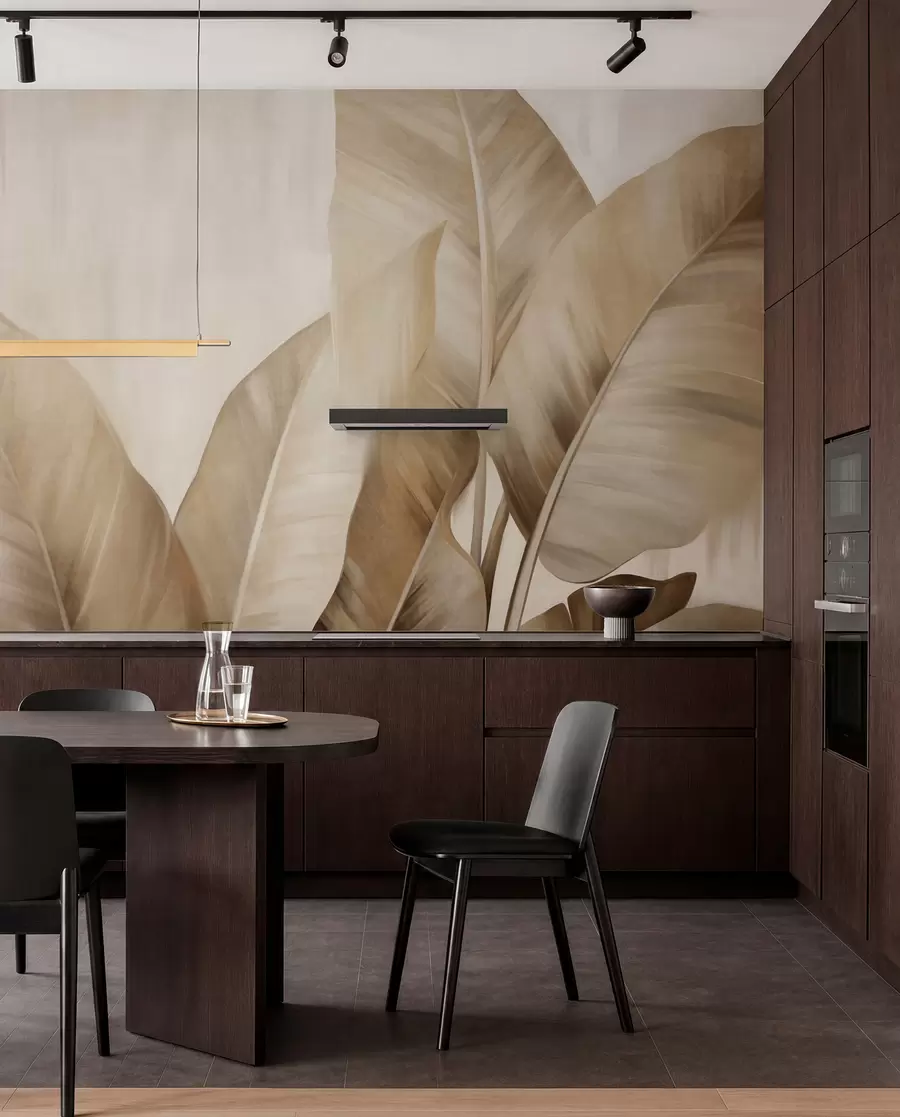 wall murals Textured large, light brown banana leaves against a light beige background, with soft and minimalist aesthetic w09586