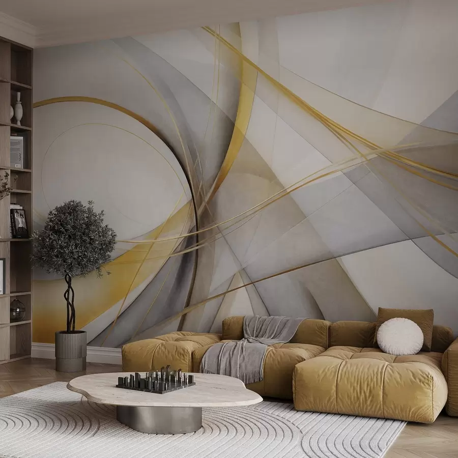 wall murals Abstract flowing lines in yellow and white on a gray background, with a sense of movement and depth, modern art w09587