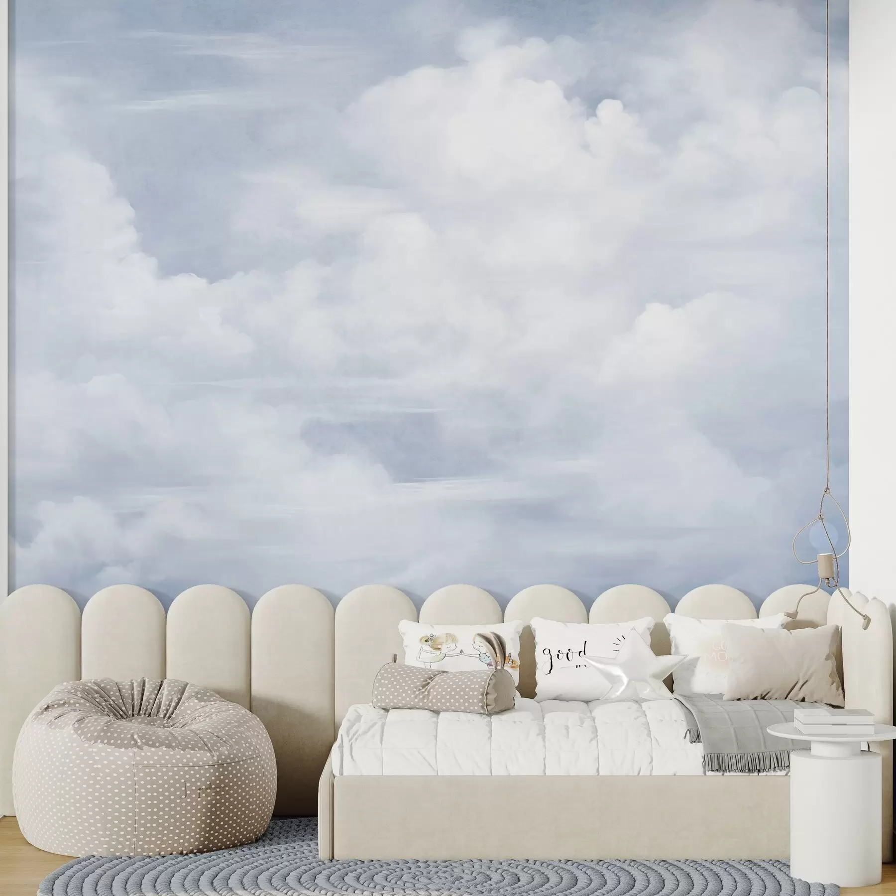 wall murals Pastel textured sky filled with white clouds with soft and minimalist aesthetic w09589