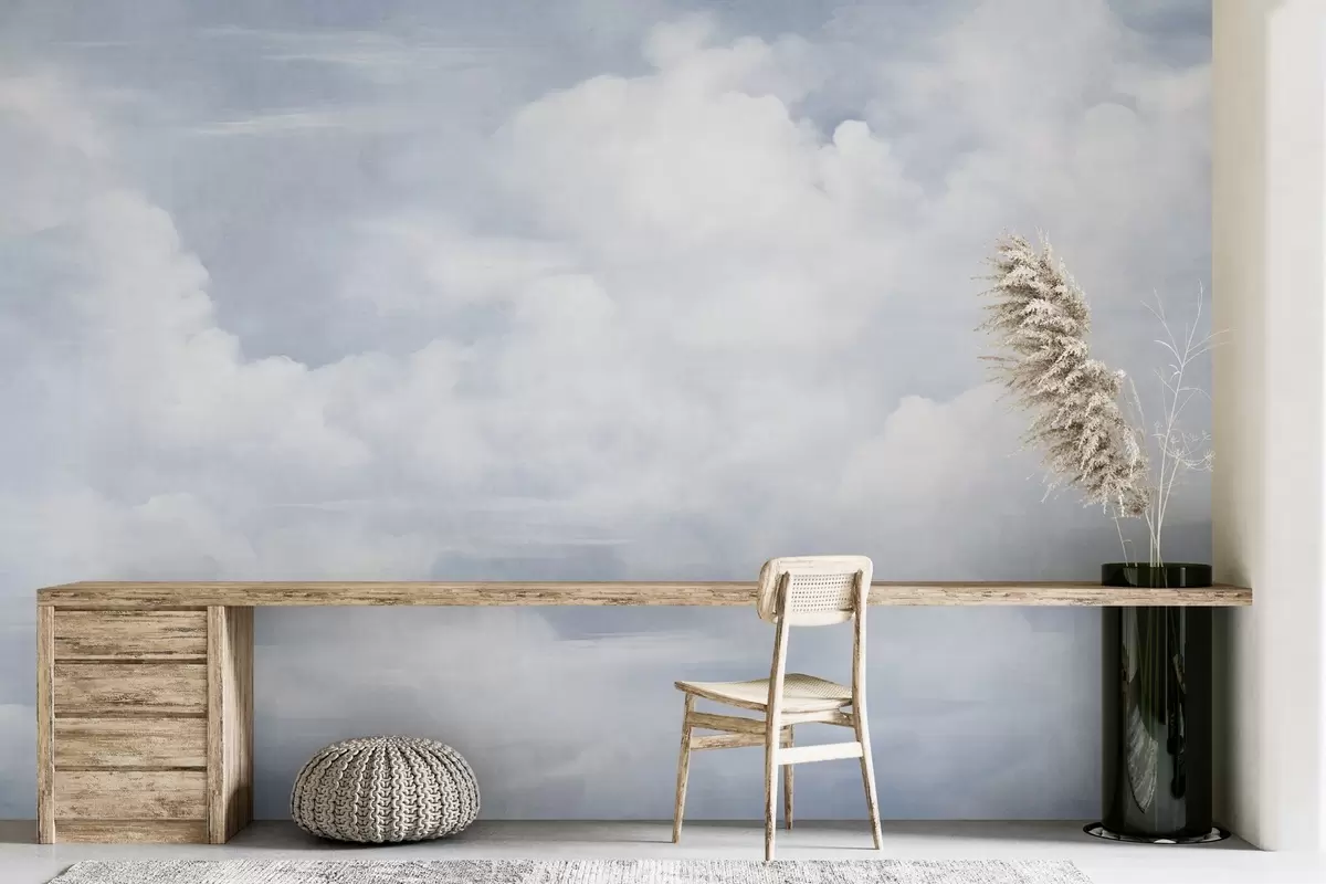 wall murals Pastel textured sky filled with white clouds with soft and minimalist aesthetic w09589