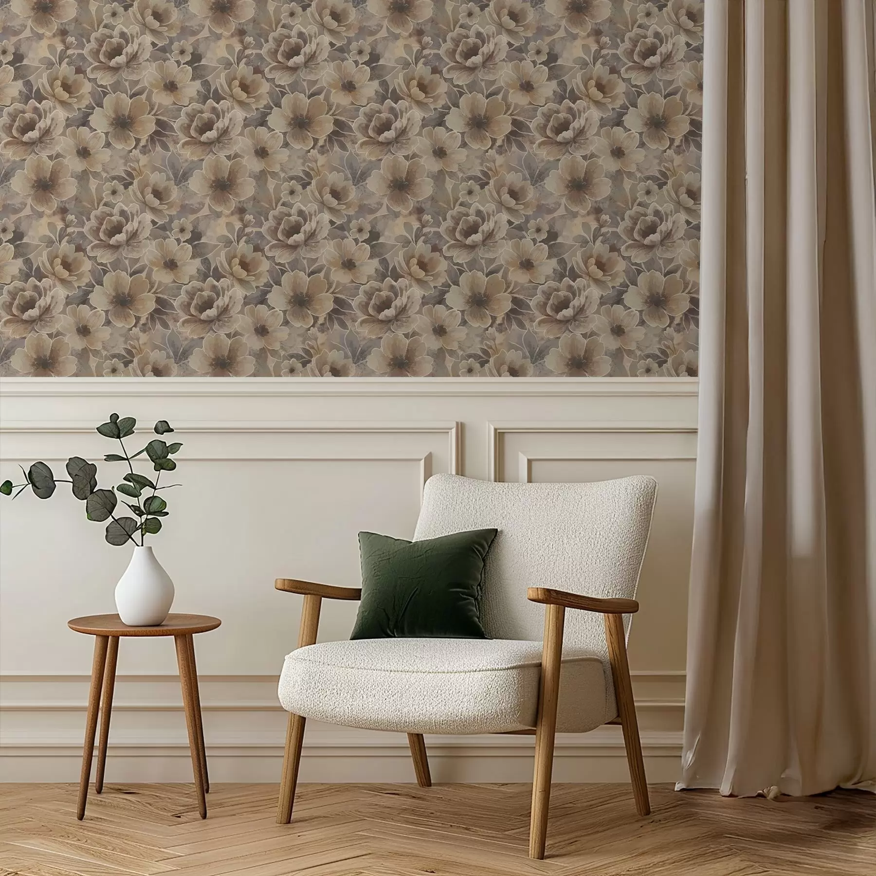 wall murals Painterly beige flowers on a smoky abstract background a00884