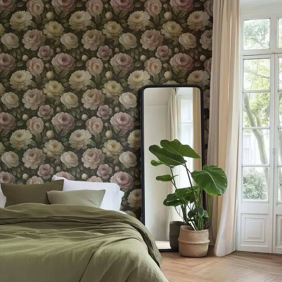 wall murals Romantic peonies on a dark botanical background a00893
