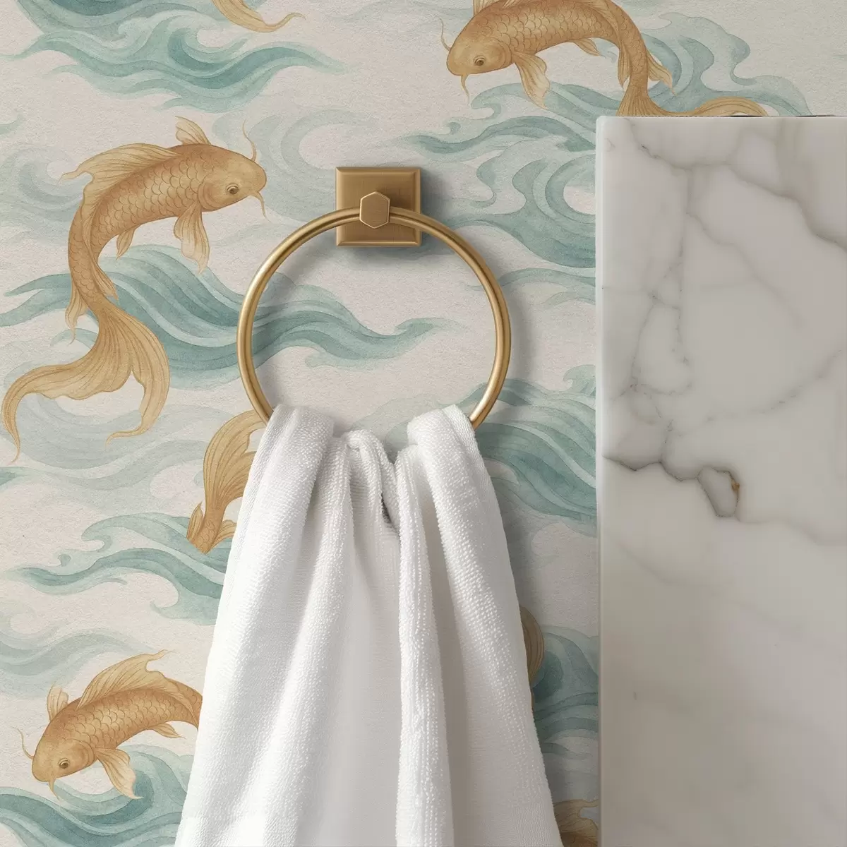 Wallpaper Amber koi fish swimming among soft turquoise waves a00894