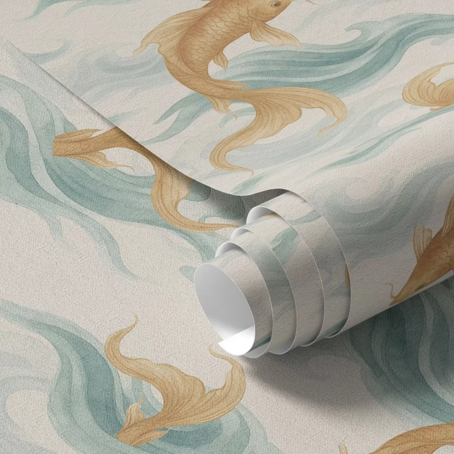 wall murals Amber koi fish swimming among soft turquoise waves a00894