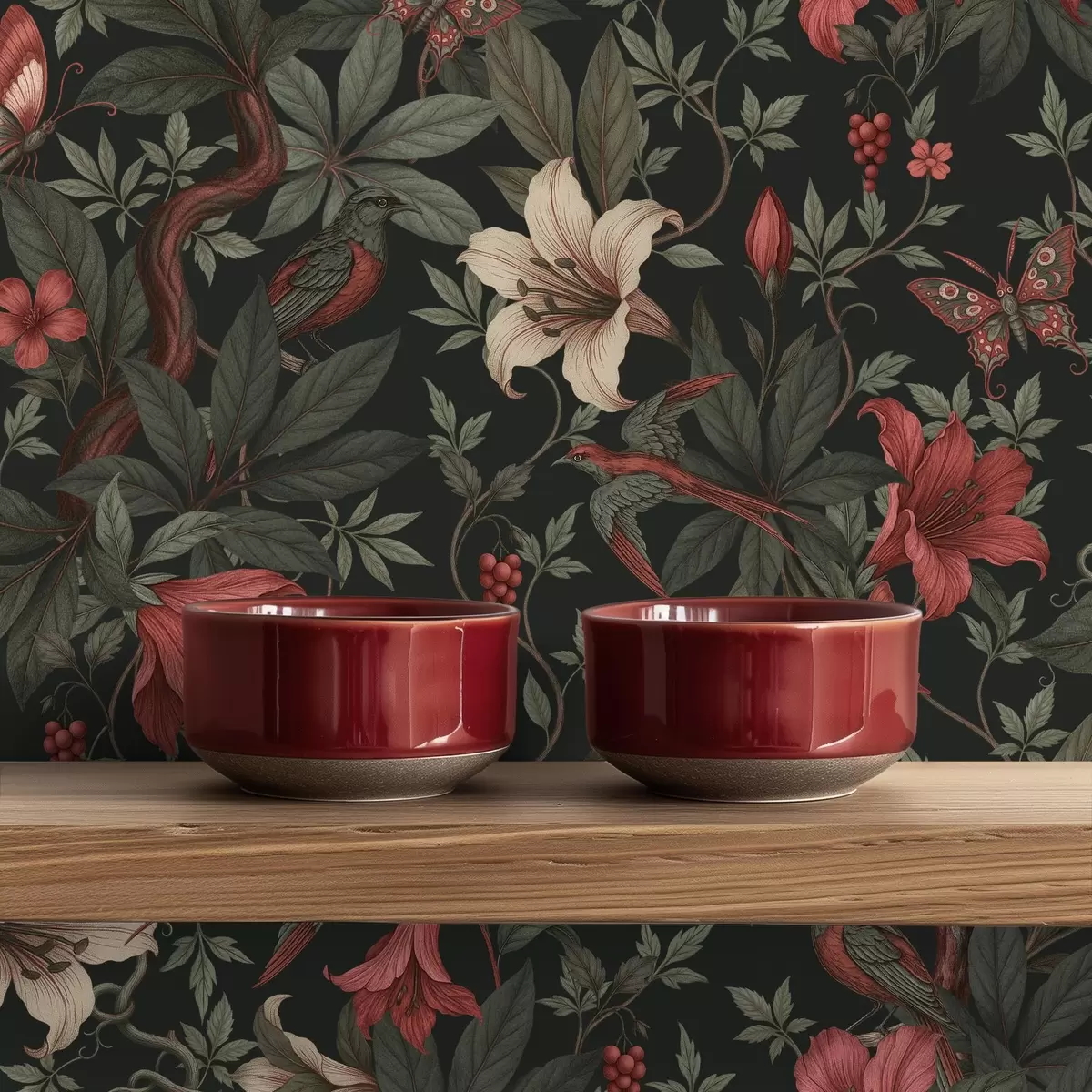 Wallpaper Dark jungle florals with birds and butterflies a00895