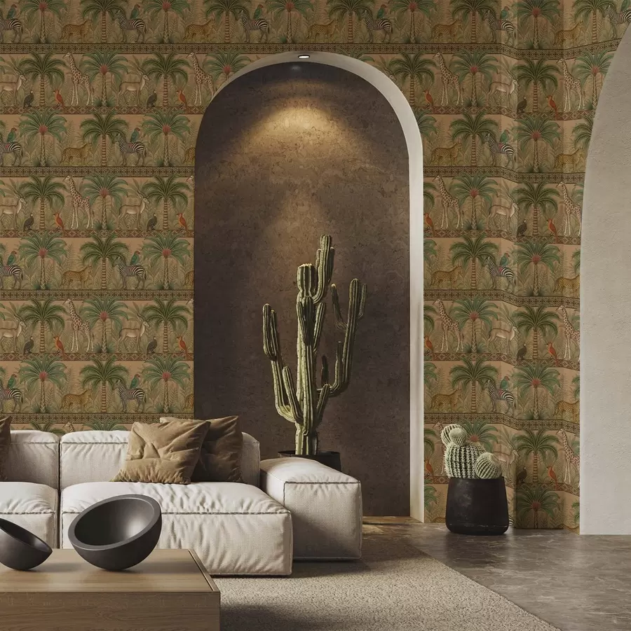 wall murals Decorative savanna animals between palms and borders a00898