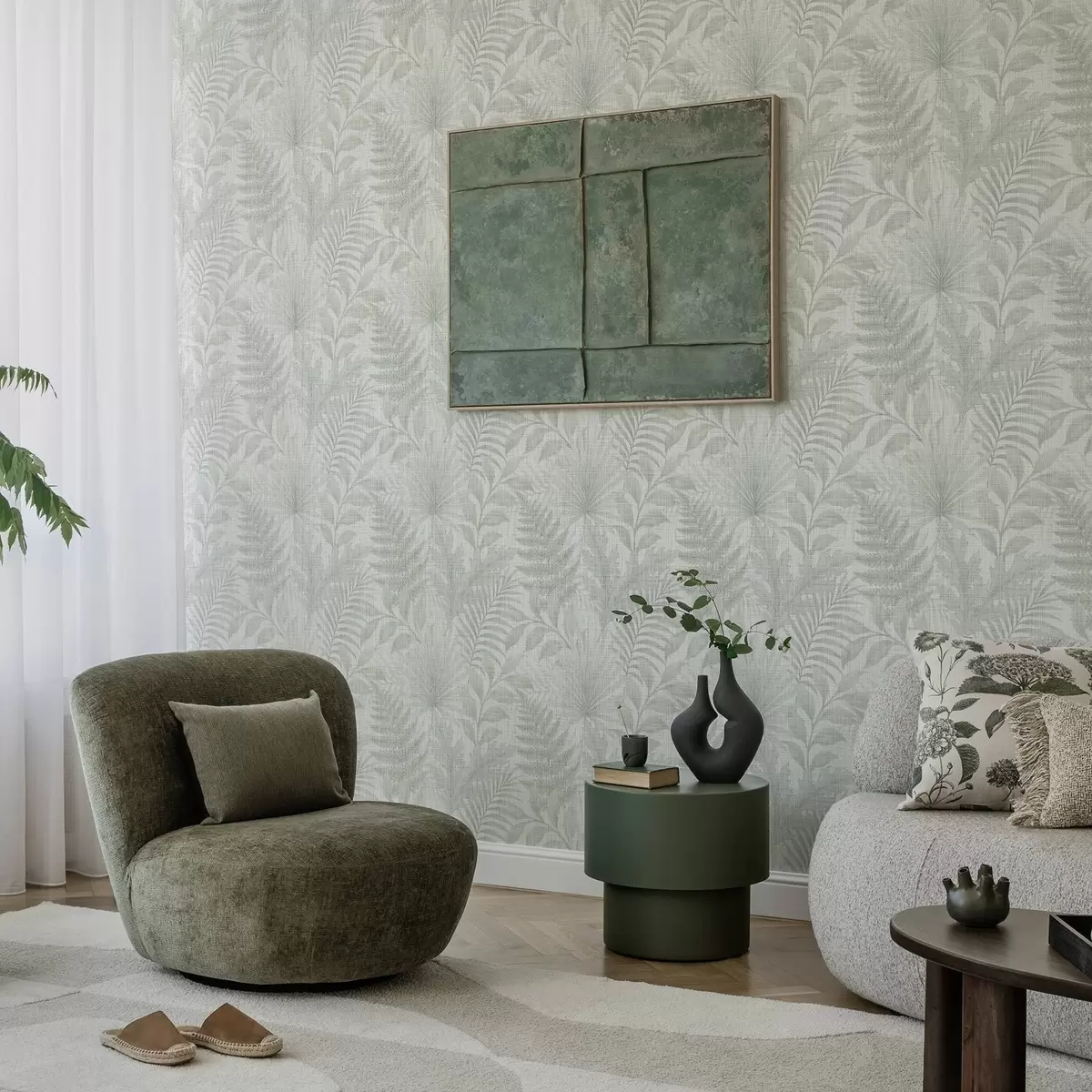 Wallpaper Soft tropical leaves in pale grey on linen texture a00899
