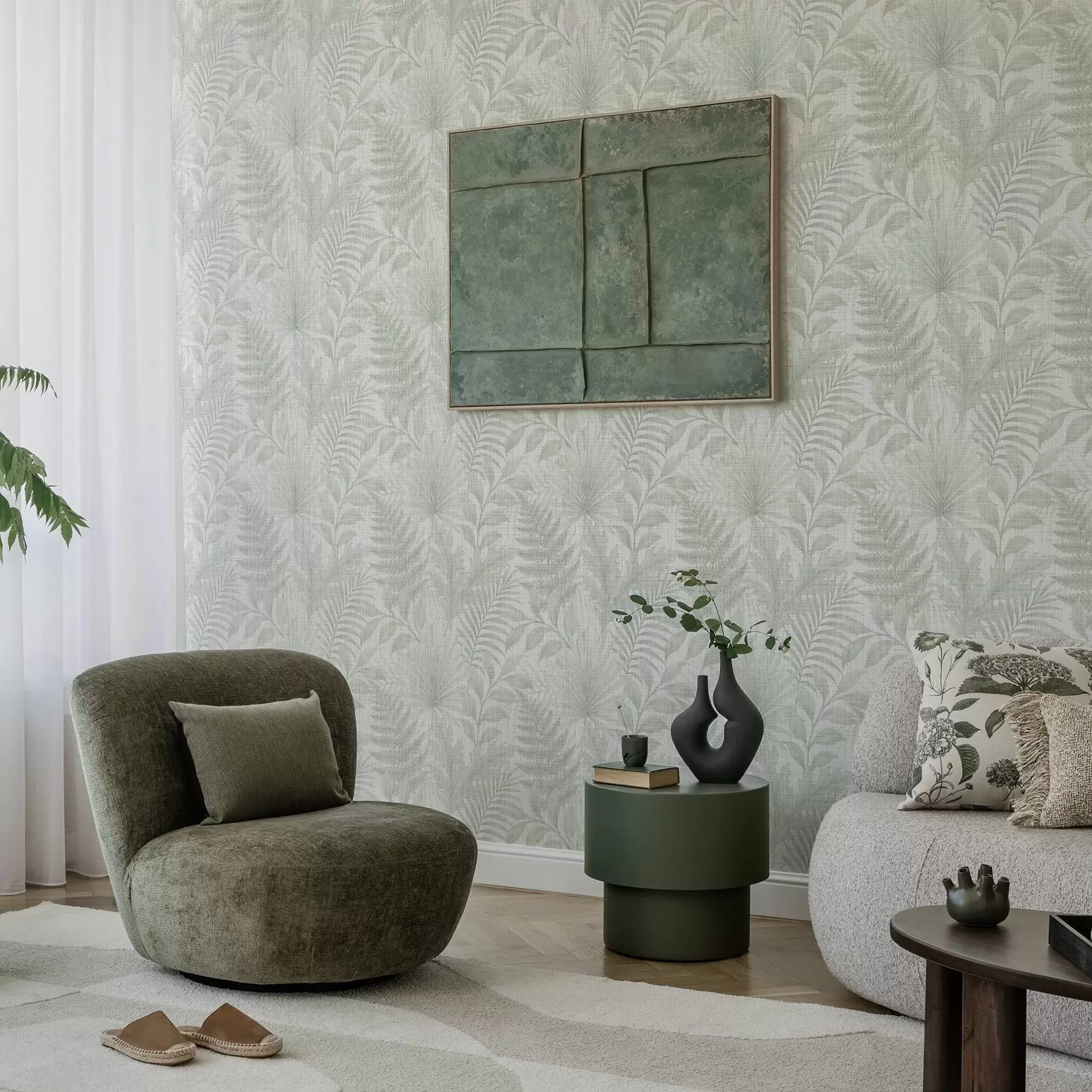 wall murals Soft tropical leaves in pale grey on linen texture a00899