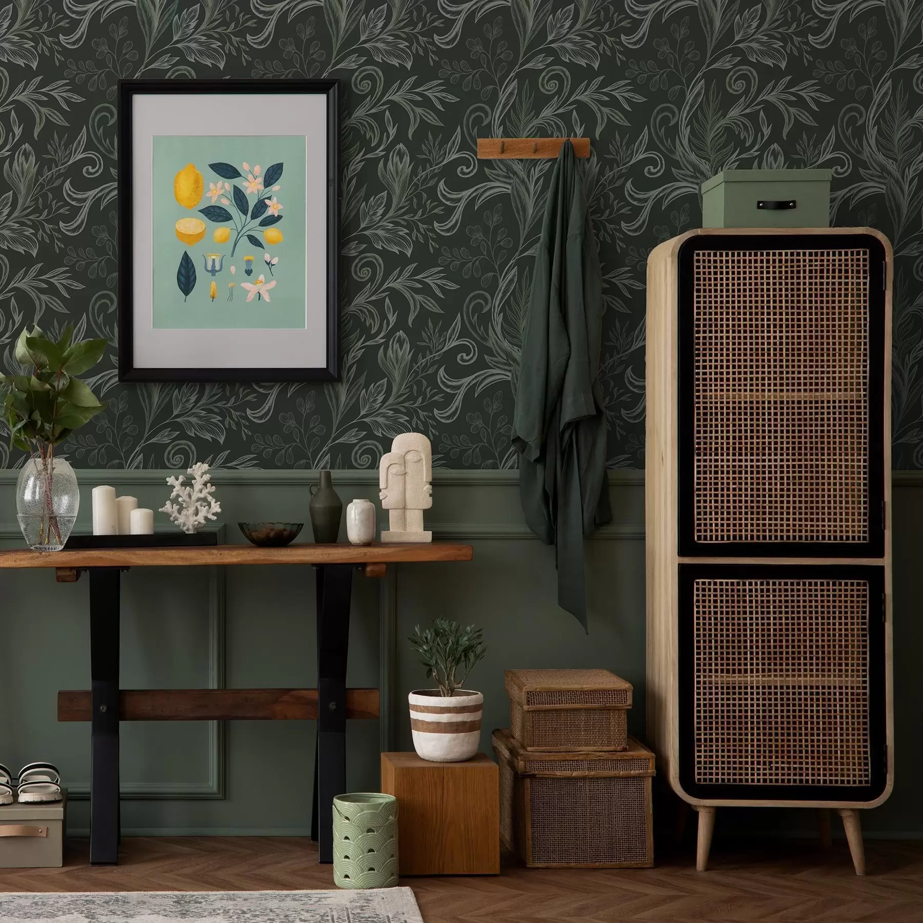 wall murals Deep forest curled leaves in chalky green tones a00935v2